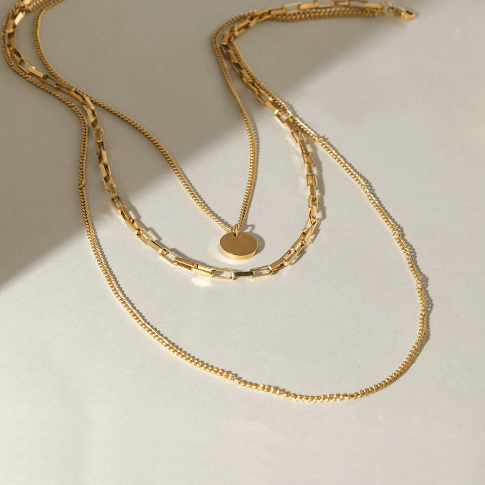 

Dainty 18k Gold Curb Chain Coin Disc Pendant Necklace Multilayer Layered Stacking Necklace For Women Jewelry