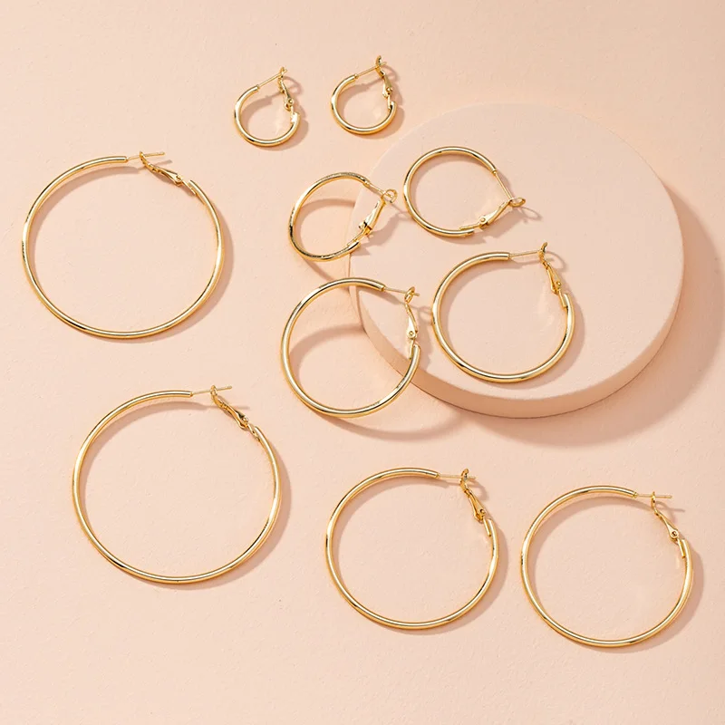 

Minimalism Gold Plated 20 to 60mm Big Round Hoop Earrings Smooth Circle Hoop Earrings