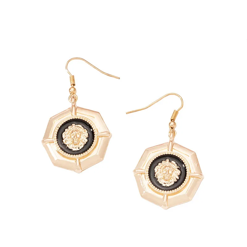 

New Vintage Trendy Alloy Enamel Lion Head Earring Simple Polygon Metal Drop Earring Women Party Jewelry Accessories