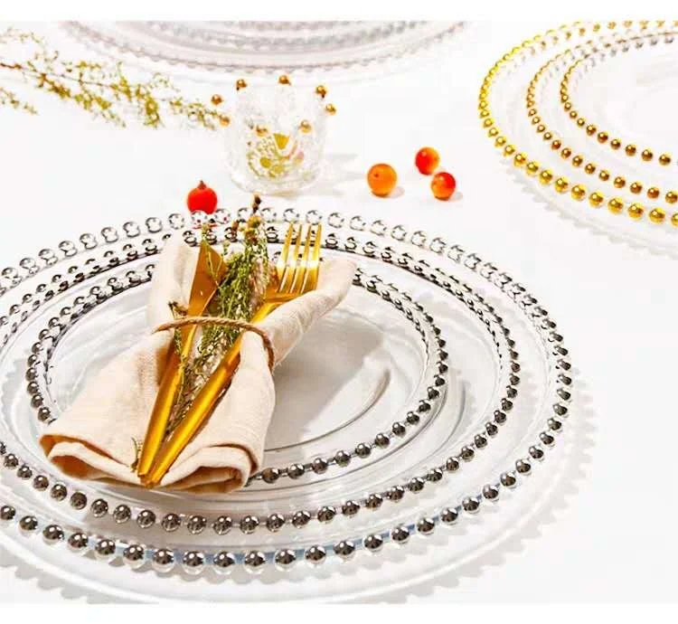 

Modern hot selling clear glass beaded wedding charger plates, Clear or color coating