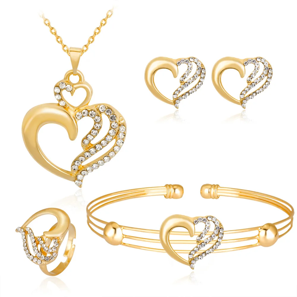 

Hot sale gold plated heart jewelry set diamonds Earring Necklace bracelet ring 4 pieces rhinestone Jewelry Set for women
