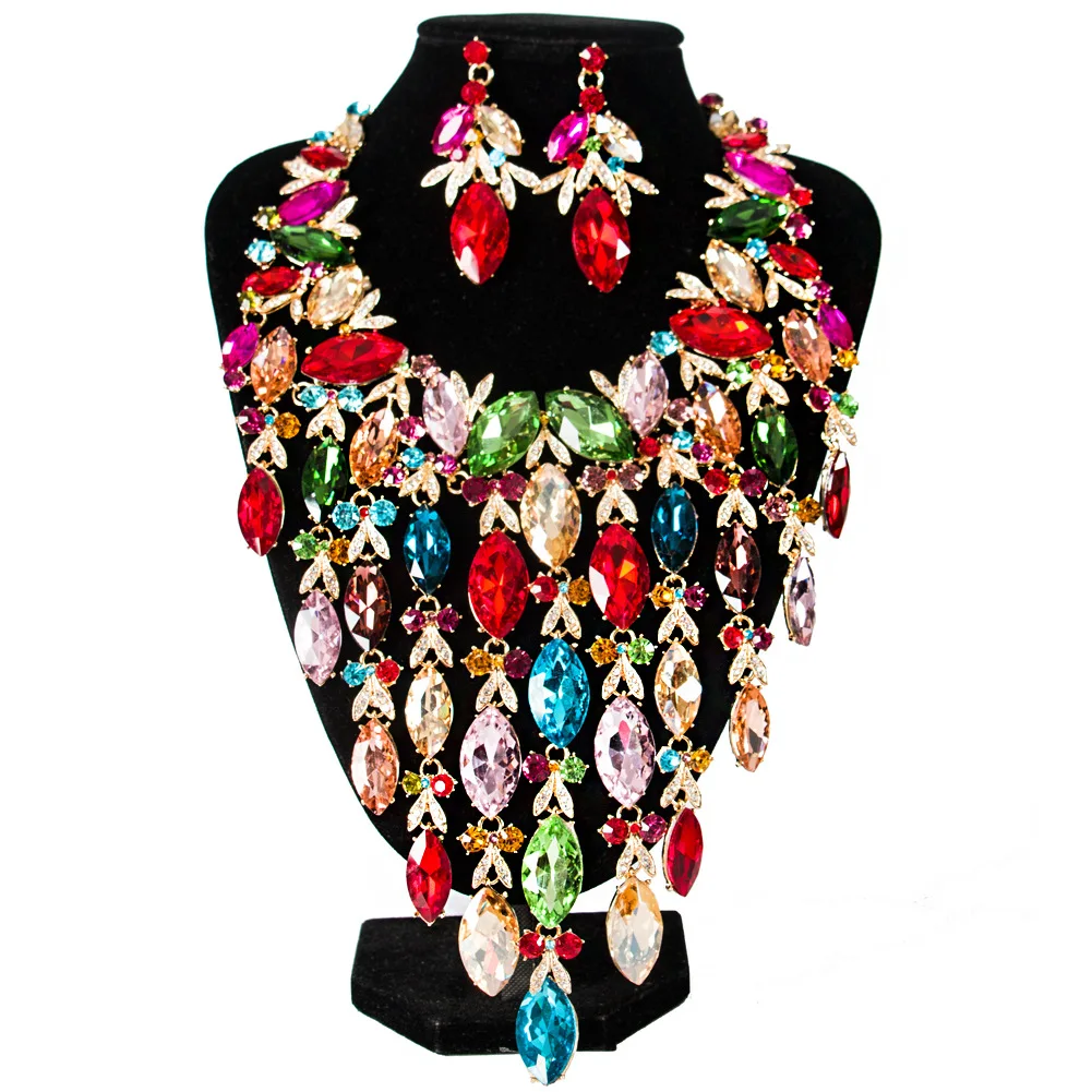 

Super large set Colorful crystal leaf flower banquet exaggerated two-piece glass beads jewelry set, Picture shows