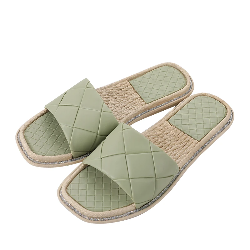 

Woven Straw PVC Sole Casual Lady Flat Bottom Sandals Women Slippers Indoor Outdoor Beach flat women slide slippers, Black,green,apricot
