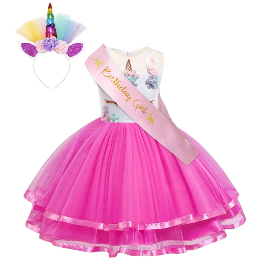 

3-15 years girls unicorn Ruffles tutu dress children birthday party dresses flower girls' prom dresses, Pink/purple/rose red