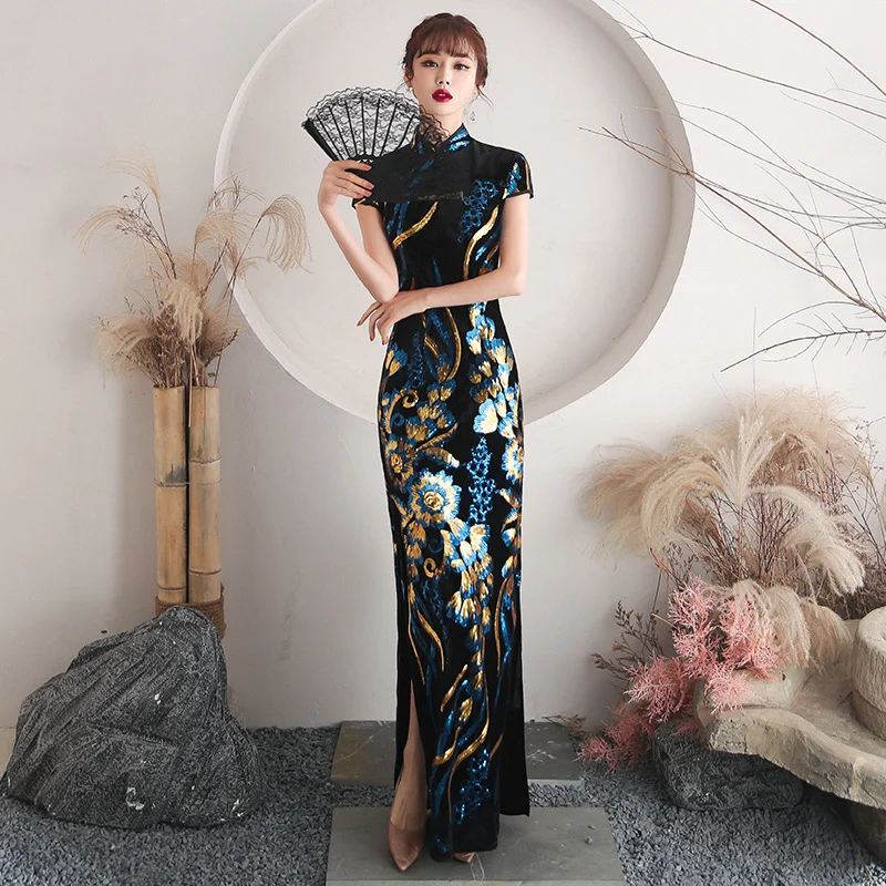 

Velour Sequin Flower Cheongsam Women Slim Velvet Qipao Elegant Evening Party Dress Short Sleeve Vestidos