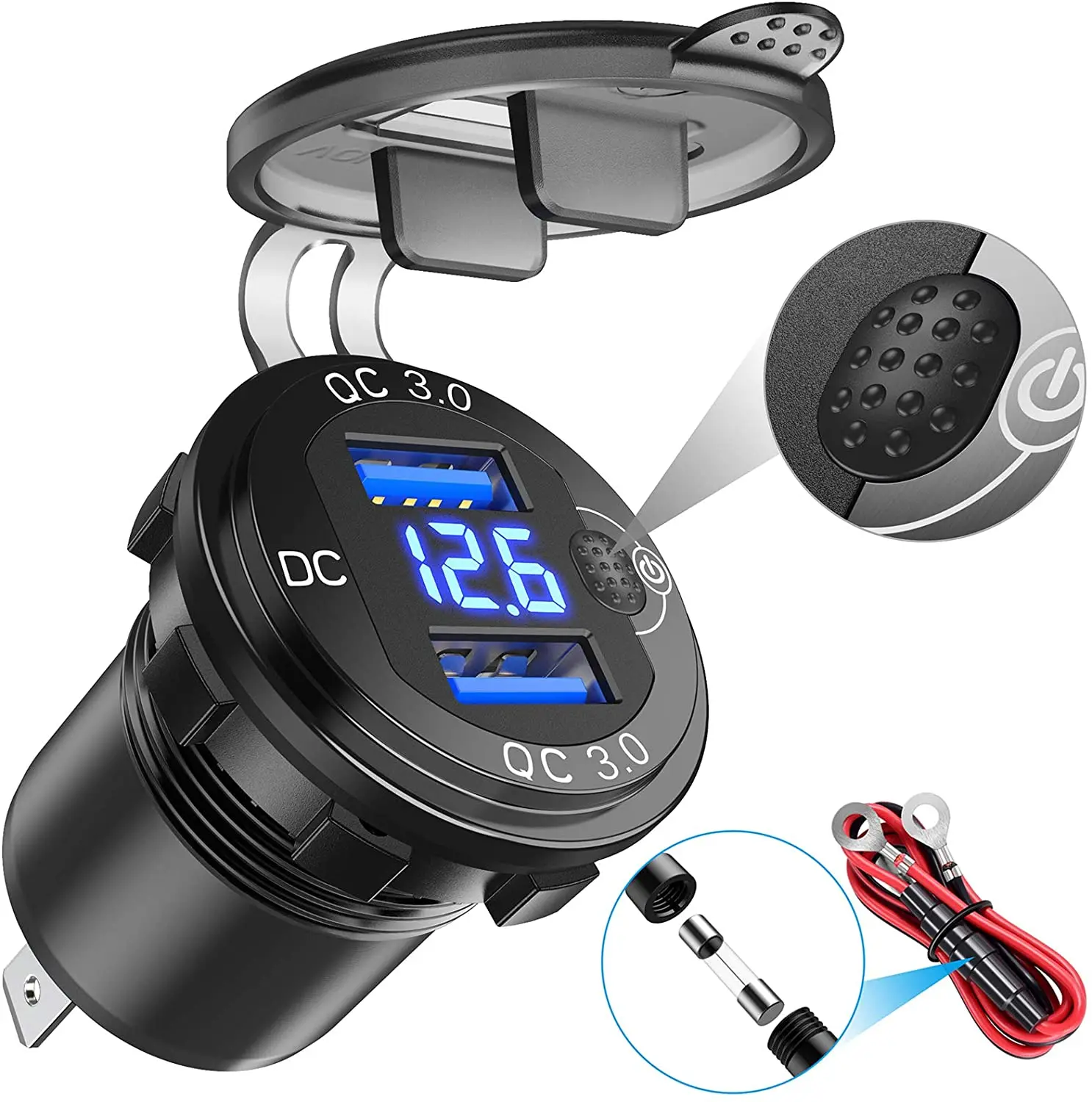 

Metal 36W 12V USB Quick Charge QC3.0 Waterproof USB Car Socket with ON/Off Switch and Digital Voltmeter Digital Voltmeter Outlet