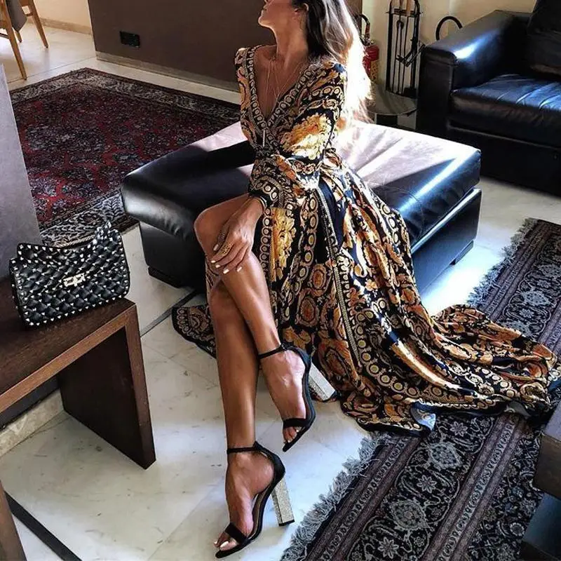 

2021 New Style FashionNeck Glitter Deep V Neck Print Casual Dresses Formal maxi dresses women Elegant womans dress Sexy Boat
