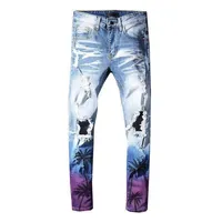 

Men's coconut palm printed colored ripped jeans Slim fit holes distressed stretch denim pants Trousers