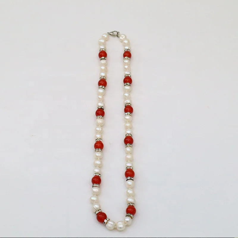 

2021 Fashion Red onyx beads CZ Freshwater Pearl Beaded Necklace for Thanksgiving gift