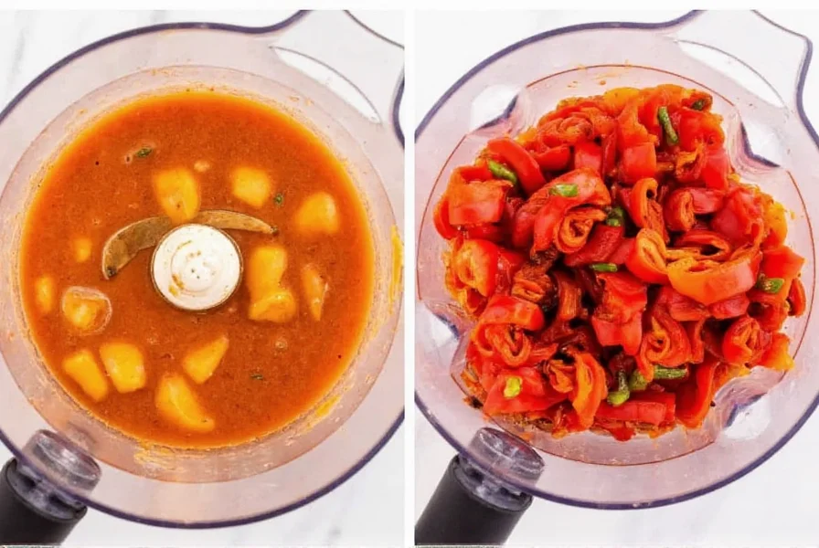 Step-by-step preparation of roasted red pepper and gouda soup showing roasted peppers being blended with aromatic vegetables