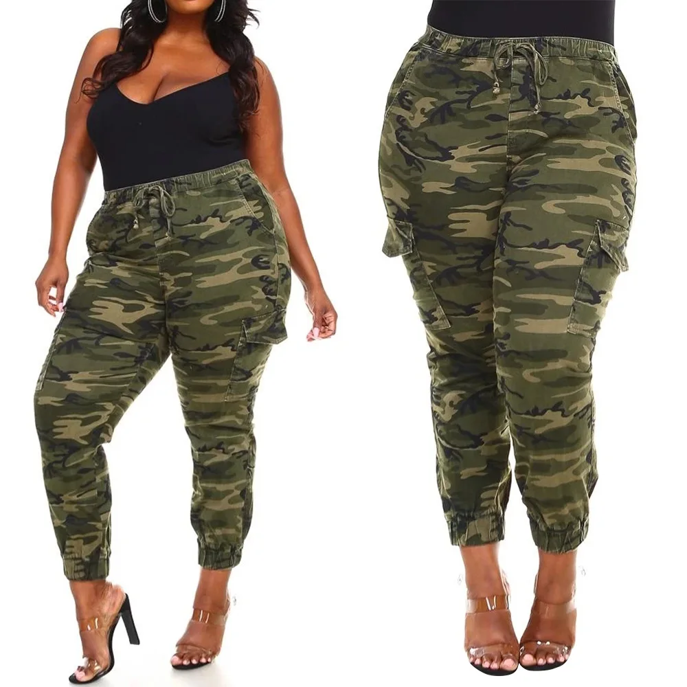 

2021 hot women's large Multi Pocket camouflage pants plus size trousers