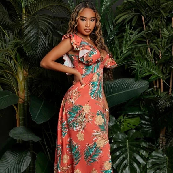 

Tropical Print Deep v Neck Layered Sleeve Women Casual Maxi Dress