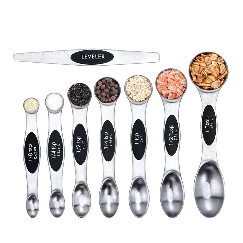 

8 Pieces Stainless Steel Kitchen Baking Accessories Tool Double End Side Sided Head Magnetic Measuring Seasoning Spoons, Black, colorful