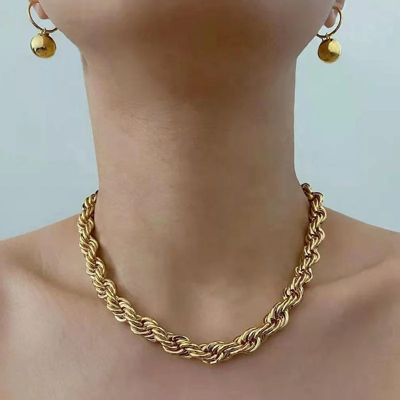 

2021 Jewelry Fashion 8mm Women Twisted Chunky Statement Necklace Chain Gold Plated Stainless Steel Necklace Choker