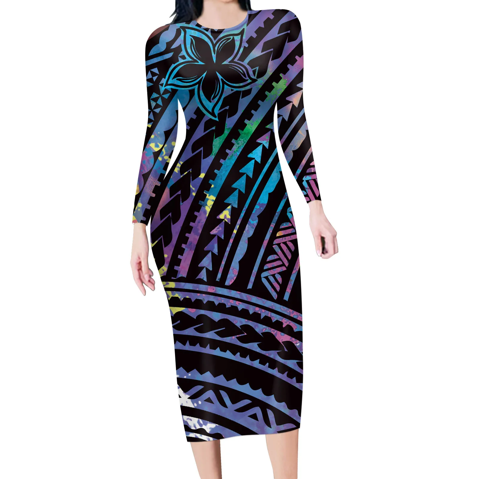 

1 MOQ Blue/purple Wholesale low price Dress Polynesian Tribal Retro Style 3D print party Long O-neck Slim Evening dresses, Customized color