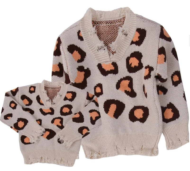 

Mommy and me long sleeve leopard knitwear sweater, Custom