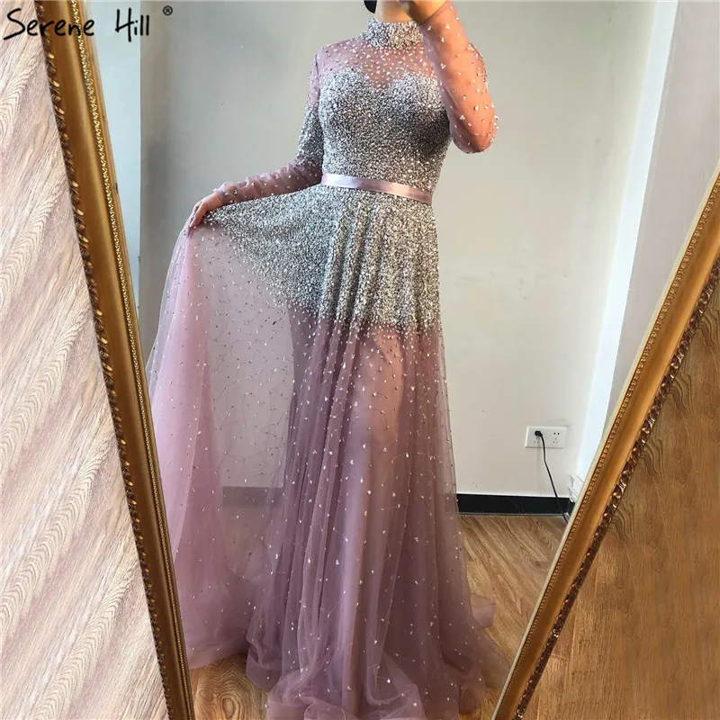 

Serene Hill Pink High Collar Beading Evening Party Dresses Full Sleeves A Line Elegant Long Gowns For Women Wholesale LA70066