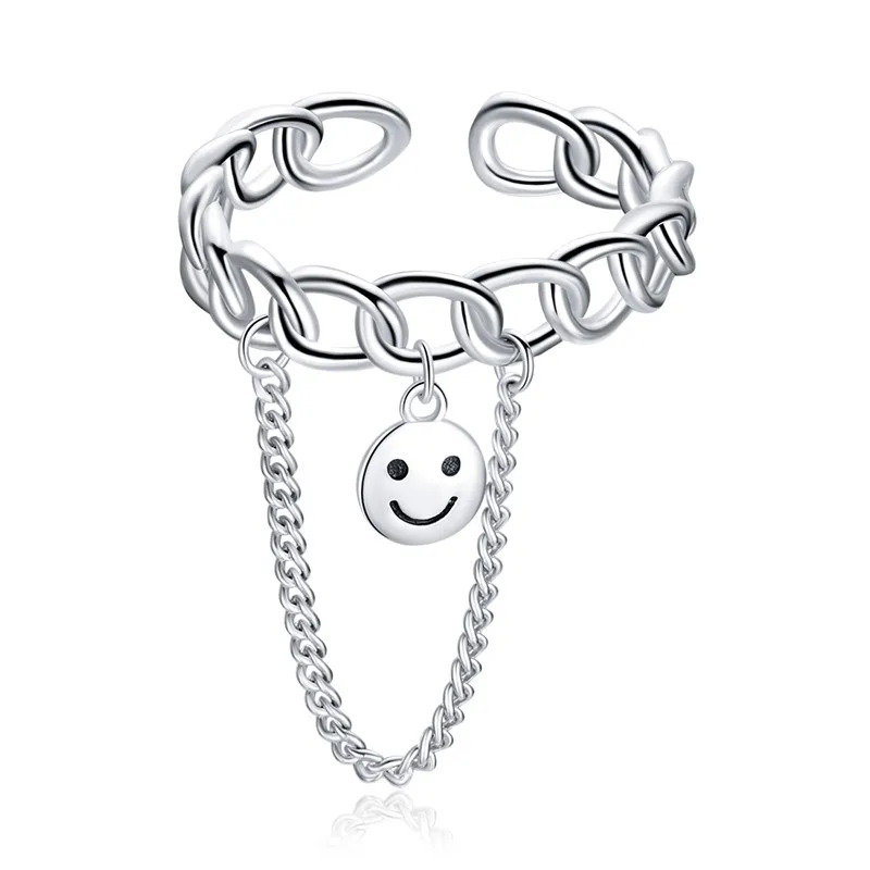 

SCR702 Adjustable Smiley Ring 925 Sterling Silver Smile Lucky Chain Finger Ring for Girl