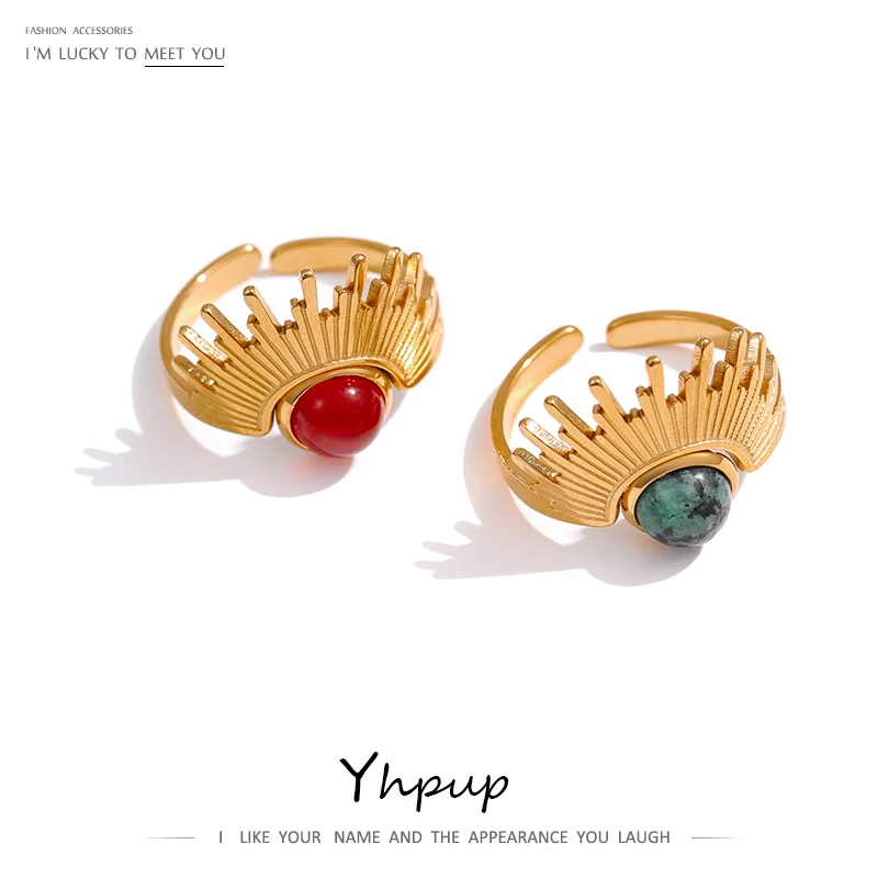 JINYOU 443 Trendy Metal 18K Gold Plated Opening Finger French Ring Stainless Steel Red Natural Stone Ring