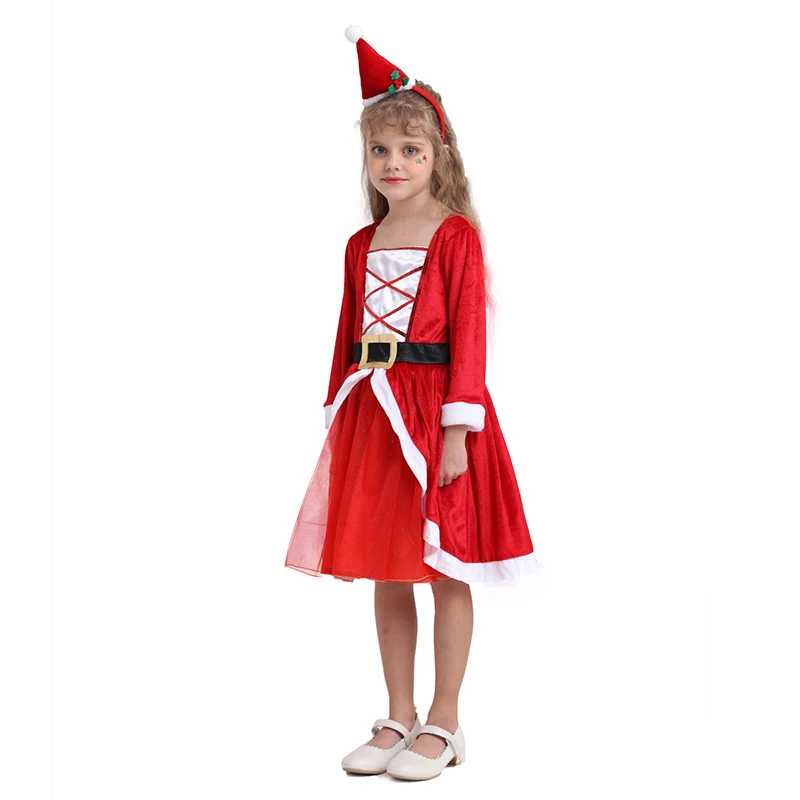 

Fancy Christmas party red dress Santa Dress up for children girls christmas cape claus costume, As picture
