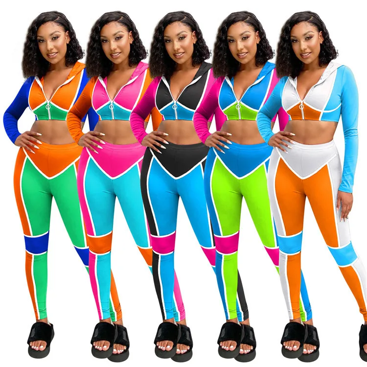 

2 PCS Outfits Tracksuit Contrast Color Sweatsuit Hoodies Leggings Fall Jogger Women Clothing Two Piece Set