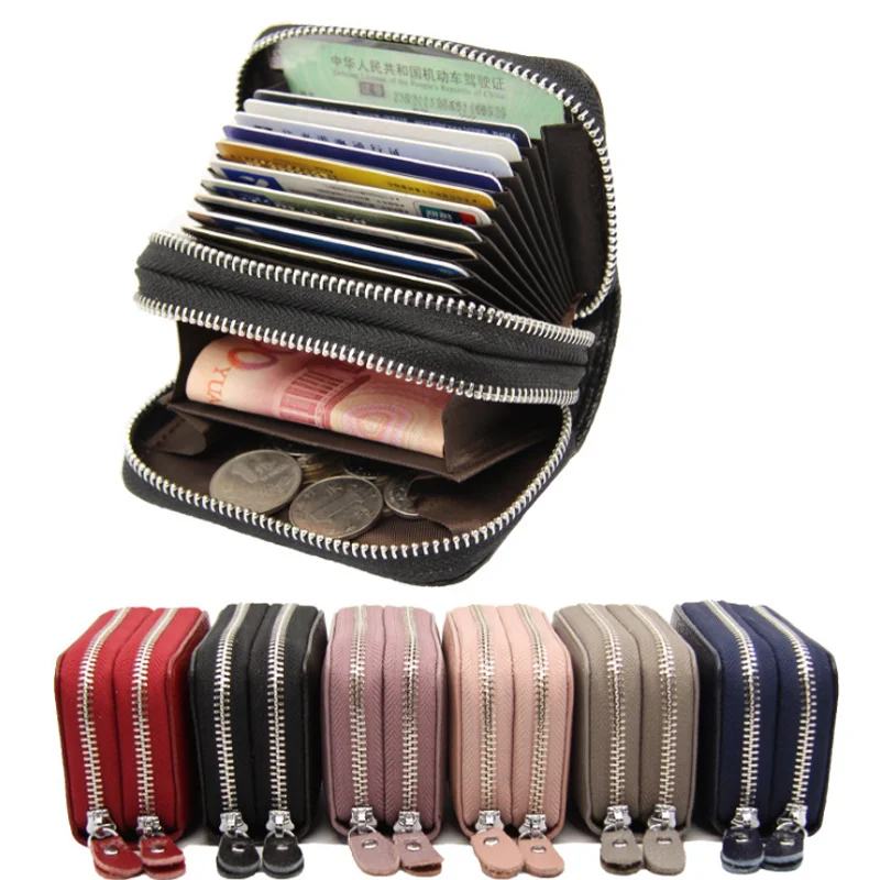 

RFID Anti-theft Cowhide Leather Organ Card Case Luxury Double Zipper Unisex Coin Purse, Black,wine red,lotus root purple,bean pink,royal blue etc.