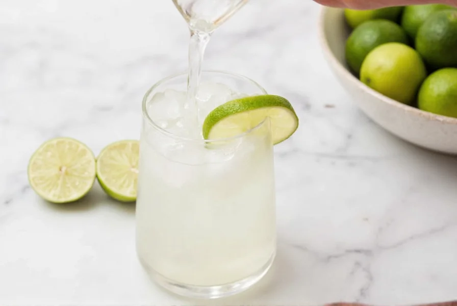 Ginger Lime Poppi poured into a glass with ice cubes and a lime wedge garnish