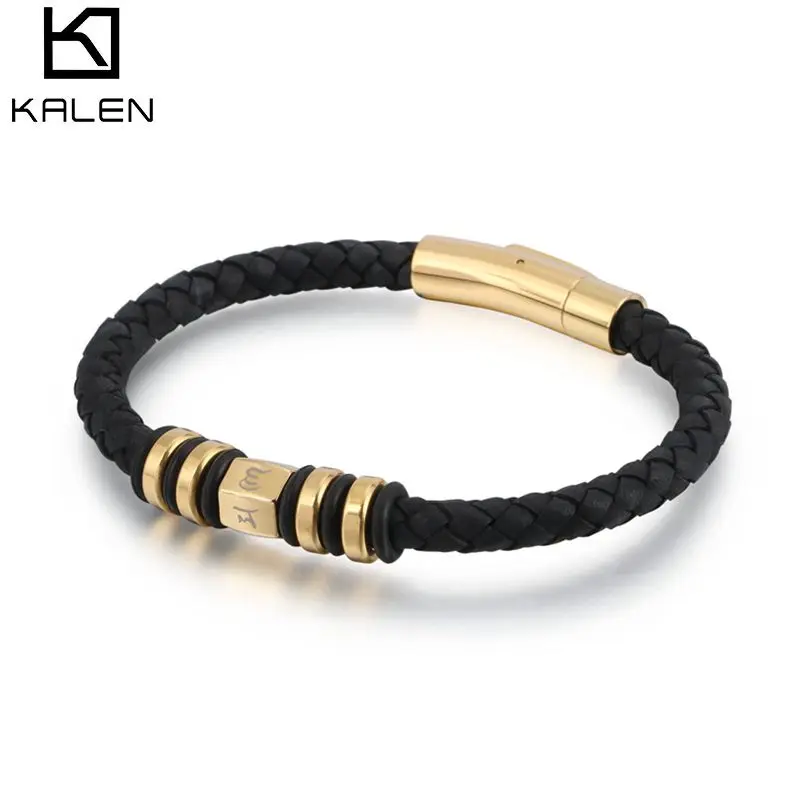 

KALEN Punk Gold Charm Black Braid Leather Bracelet For Men