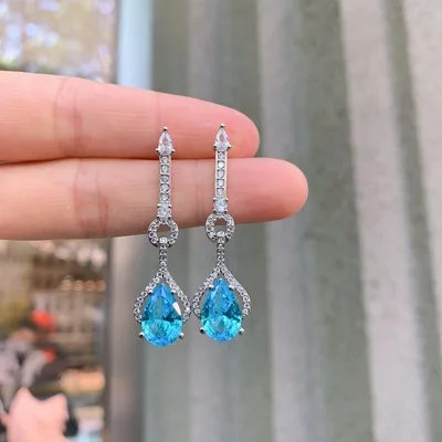 

Bling Bling Cubic Zirconia Water Drop Earrings Luxury Blue Paraiba Diamond Dangle Earrings For Women Gift