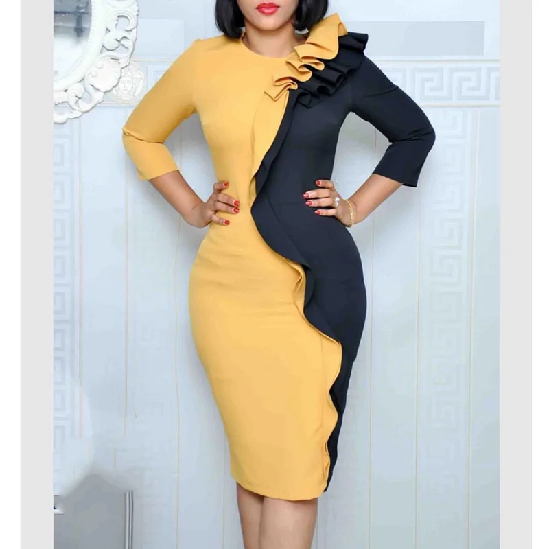 Slim O Neck Contrast Color Draped Wrap Ruffled African Dinner Dresses, Yellow,burgundy, blue
Slim O Neck Contrast Color Draped Wrap Ruffled African Dinner Dresses, Yellow,burgundy, blue