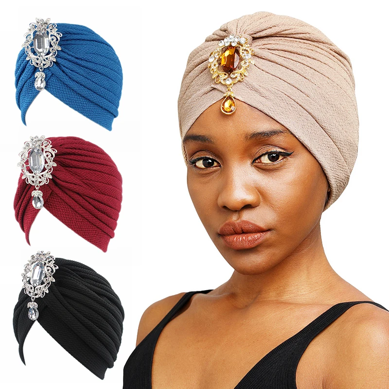 

Women's Popular Headscarf Hat Twist Turban Cotton Material Indian Style Headbands Ruffle Turban With Brooch Pendant