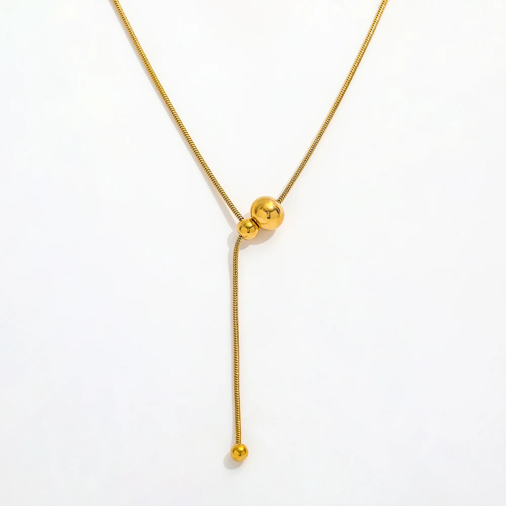 

JOOLIM Ready To Ship High End 18k Gold Plated Stainless Steel Pulling Type Beads Dainty Snake Chain Necklace Fashion Jewelry