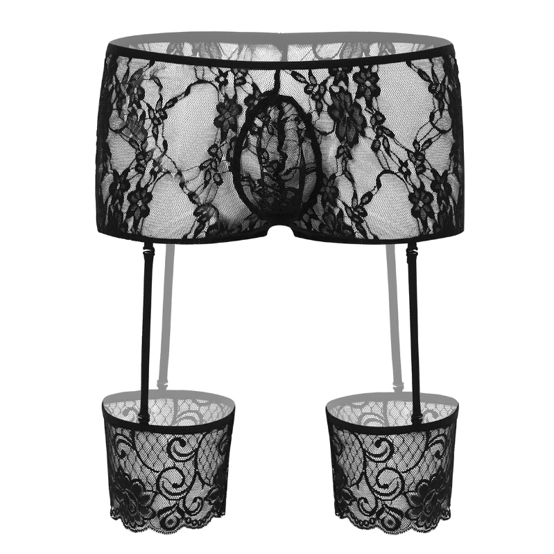 

Luxury Mens Lingerie G-String Bikini Thong Transparent Underwear Lace Garters Belt