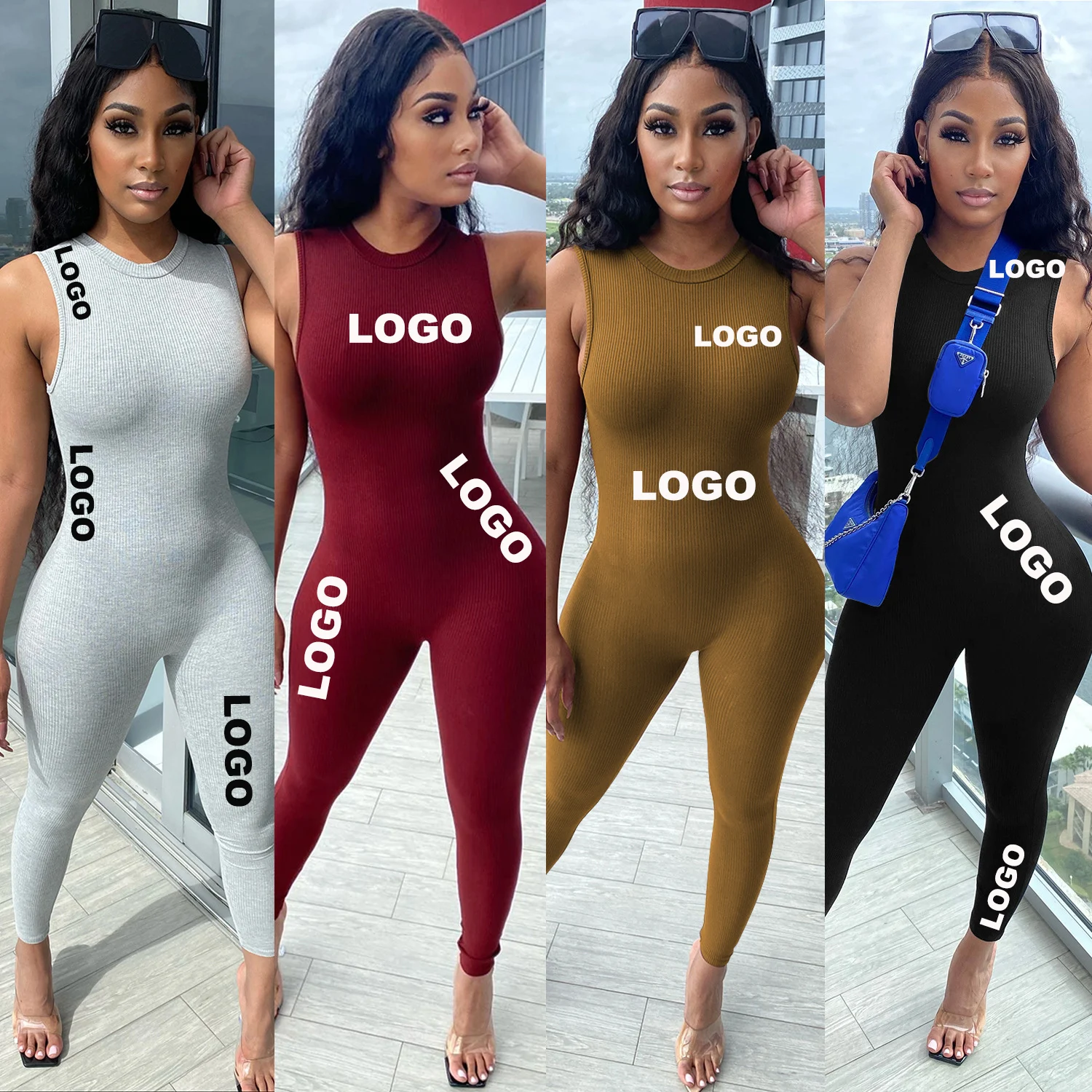 

Women Bodysuit sportswear Custom logo clothing Vendors Knit Blank Fitted Sleeveless Jumpsuit one piece Jumpsuits