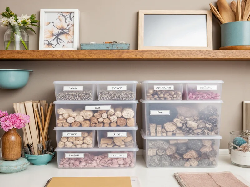 Organized craft workspace with labeled material bins and timer