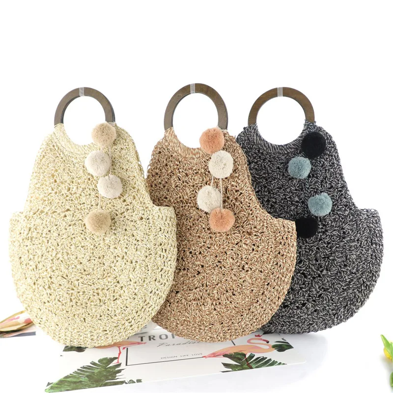 

Boho handmade woven summer paper straw bag recyclable beach bags for women, 3 colors
