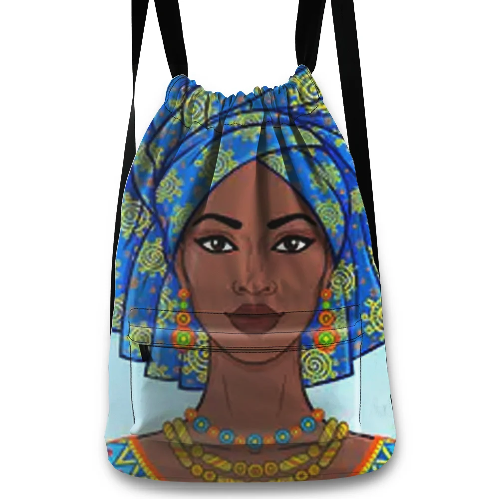 

2022 Trending Design Polyester Black Africa Sublimation Print Customize Logo Style for Unisex Girl Drawstring Backpack Bag