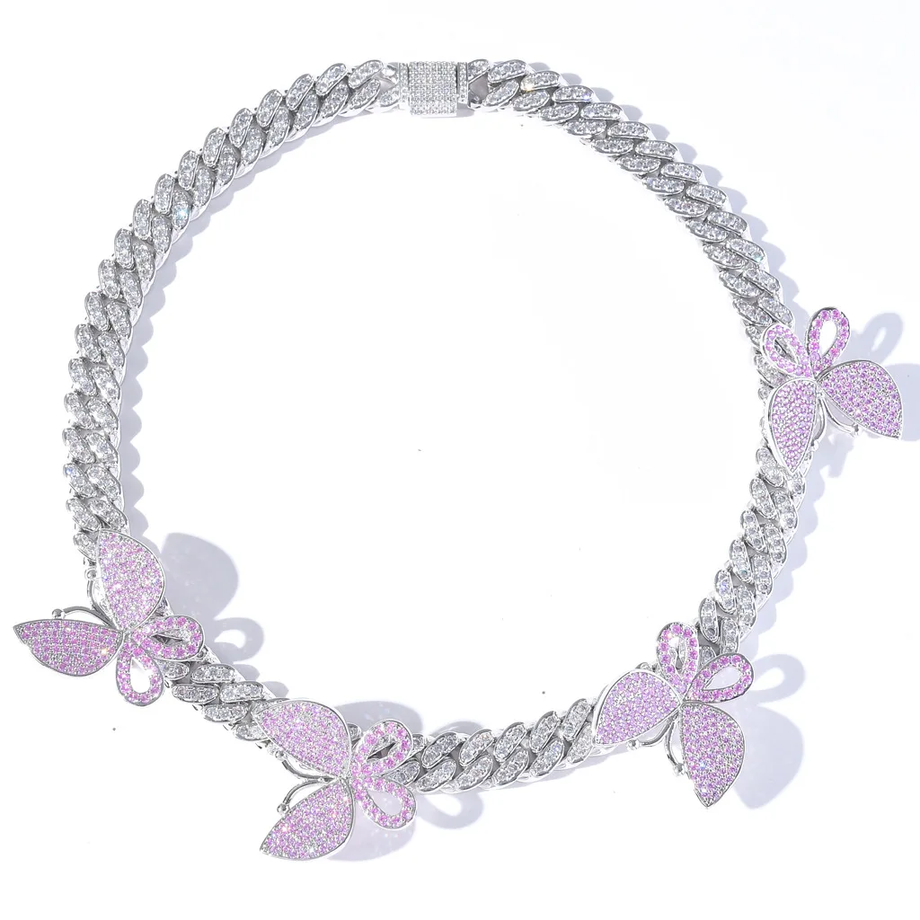 

12MM Gold Silver Cuban Link Chain Diamond Jewelry Zircon Butterfly Cuban Chain Necklace Women, Gold/silver/pink