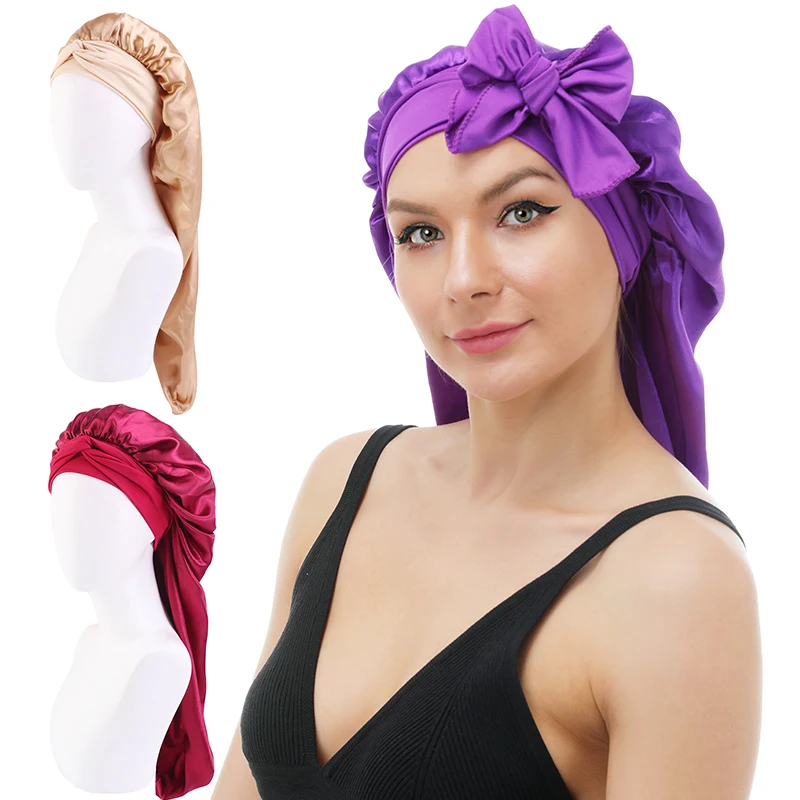 

Hot Sale Women Luxury Bonnets Satin Long Hair Bonnet Hair Caps with Stretchy Adjustable Ties