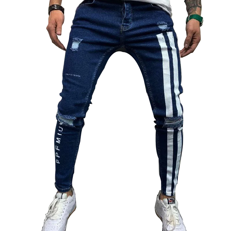 

Street wear paint splatter design mens distressing moto denim stripe Jogger jeans