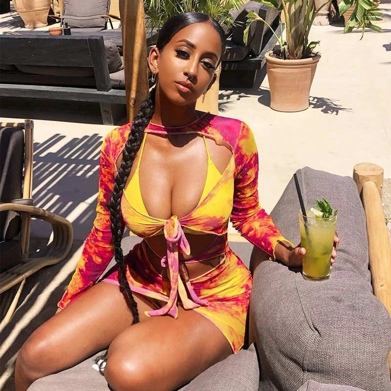 

Tie Dye Print Long Sleeve Hollow Out See Through Mesh Bodycon Mini Dress 2020 Women Fashion Sexy Club Party Clothing Wholesale, Customized color