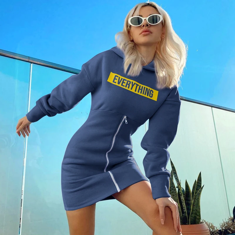 

2020 Letter Print Long Loose Sleeve Hooded Sexy Front Zipper Bodycon Mini Outfits Autumn Winter Women Streetwear Thick Dress, Customized color