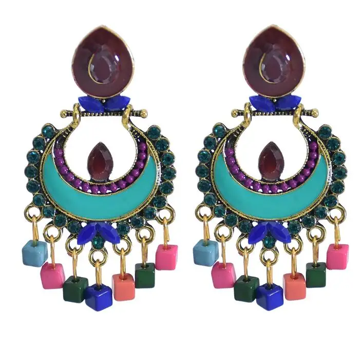 

Indian Jhumka Earrings for Women Vintage colorful bead Bells Tassel Earring Ethnic Party Afghan Jewelry, Gold