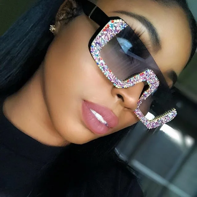

Fashion Luxury Vintage Women Half Frame One -piece Rhinestone Square Sunglasses, Custom colors