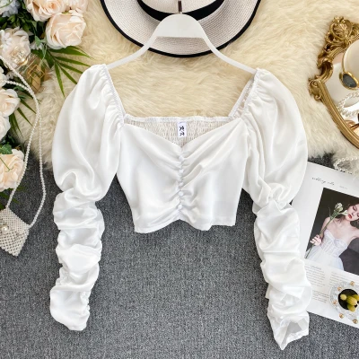 

Vintage women sexy v neck backless tops ladies puff sleeve blouse