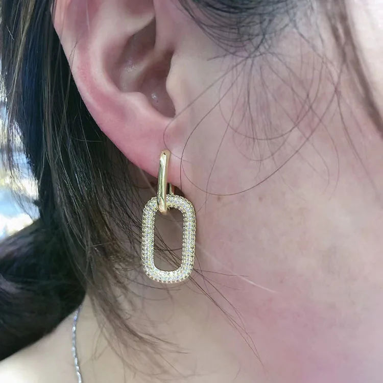 

EC1558 2020 Womans Fashion Dainty CZ Rectangle Charm Earrings, CZ Micro Geometric Rectangle Paper Clip Hoop Huggie Earring, Gold,silver