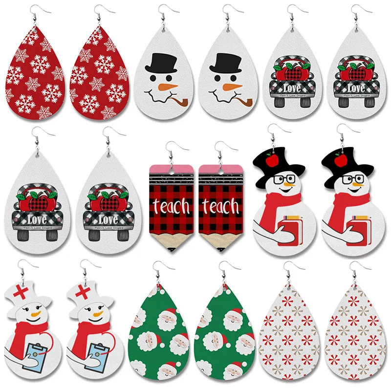 

Fashion Design PU Leather Christmas Printed Santa Earrings for Women, Multicolor