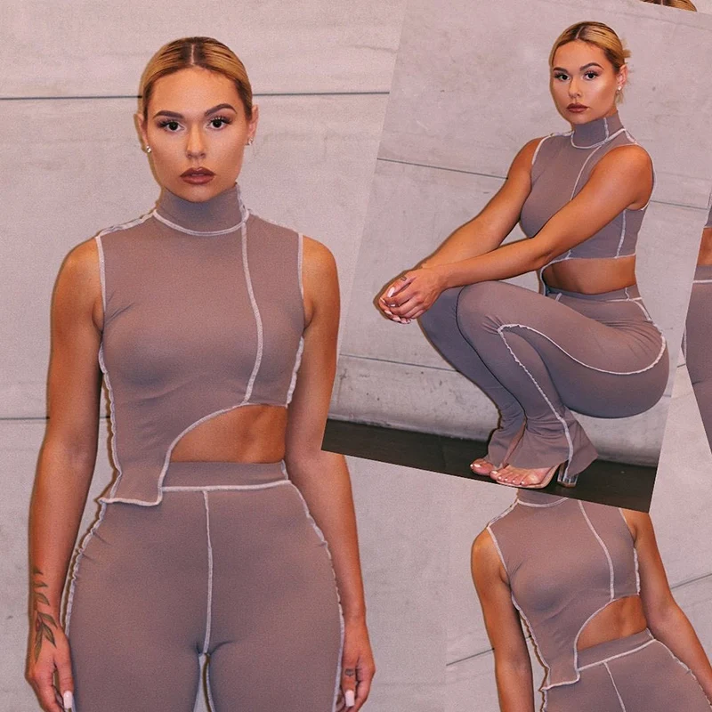 

Nibber S1736922 Summer Hot Asymmetry Turtleneck Elastic Fitness Tracksuit Streetwear Clothe Crop Top & Pants Two Piece Set Women, Black / gray / lotus color