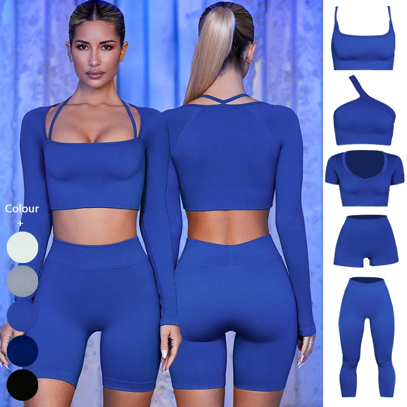 

Custom Active Wear Sports Yoga Suit Seamless Leggings Bra Workout Outfits 6 Piece Gym Fitness Sets For Women
