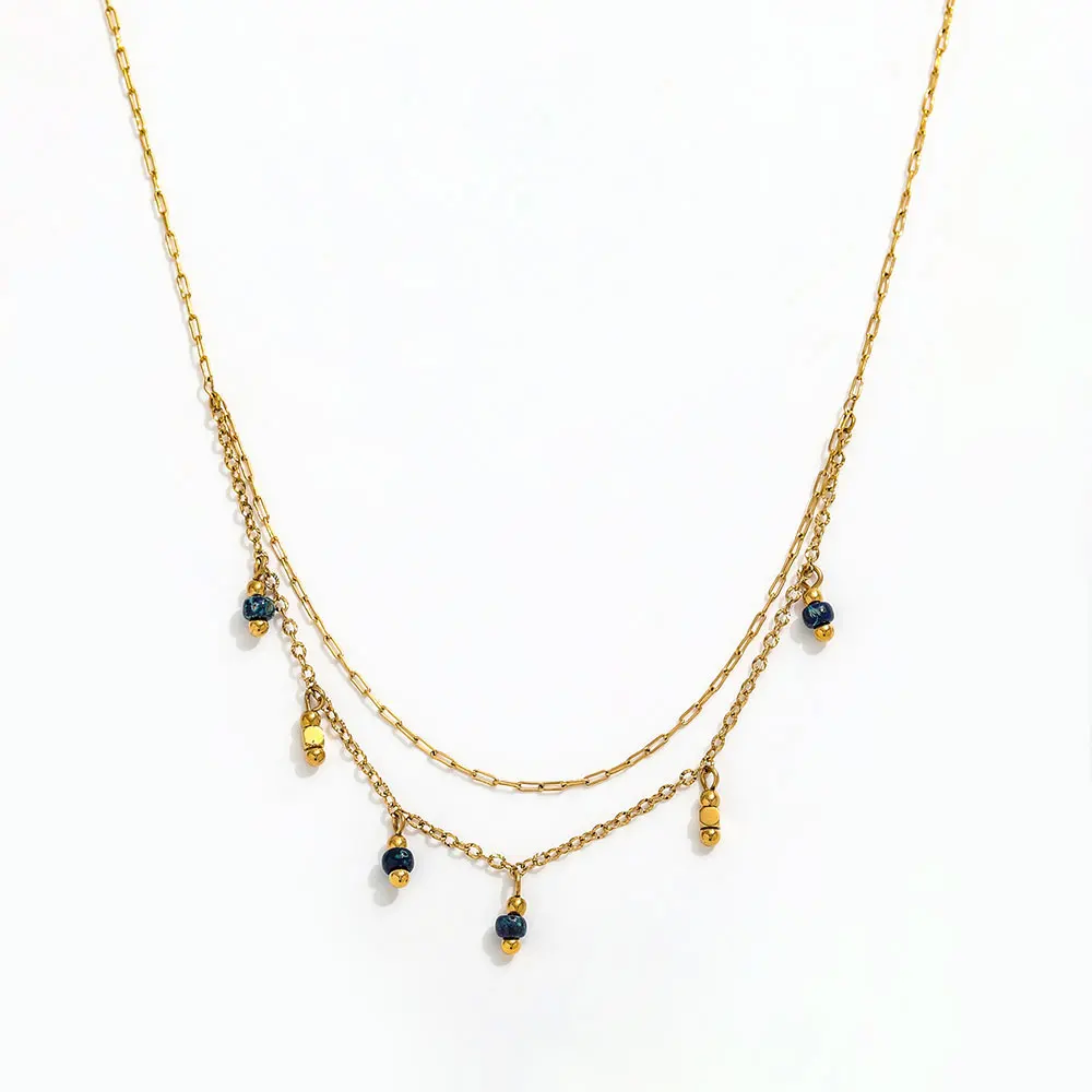 Joolim Jewelry 18K Gold Plated Blue Glass Stone Pendant Double-layer Choker Necklace Stainless Steel Jewelry Wholesale